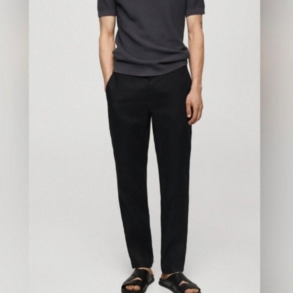 Mango 100% Linen Men Slim Fit Trouser Pants Office Work Business Casual Black 36 - Picture 1 of 12